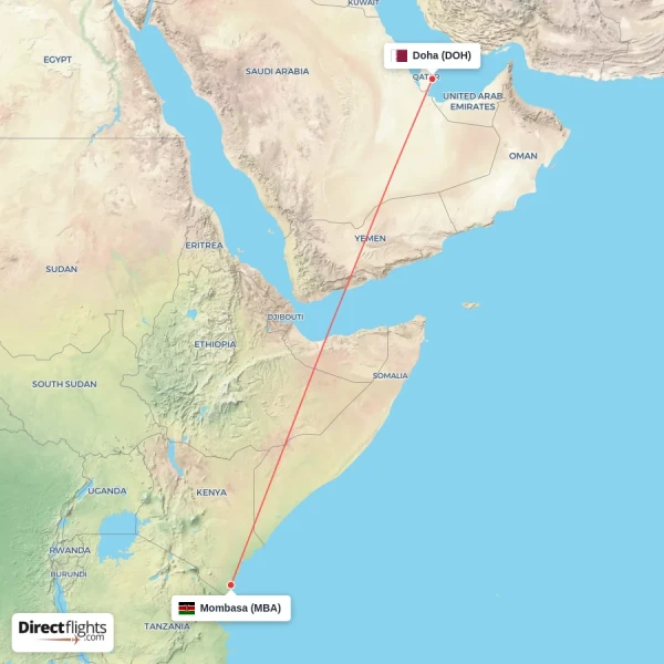 Mombasa - Doha direct flight map