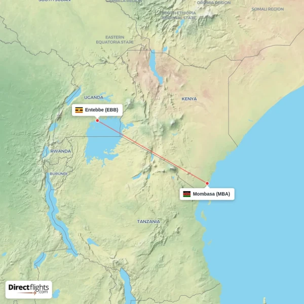 Mombasa - Entebbe direct flight map
