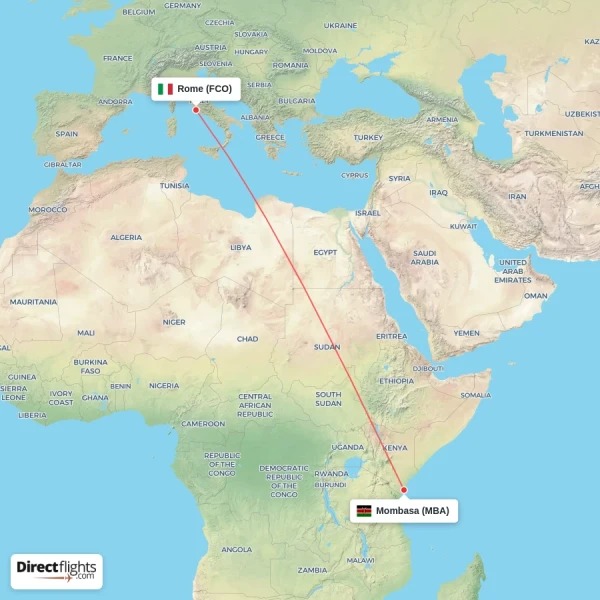 Mombasa - Rome direct flight map