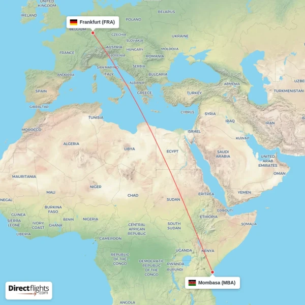 Mombasa - Frankfurt direct flight map