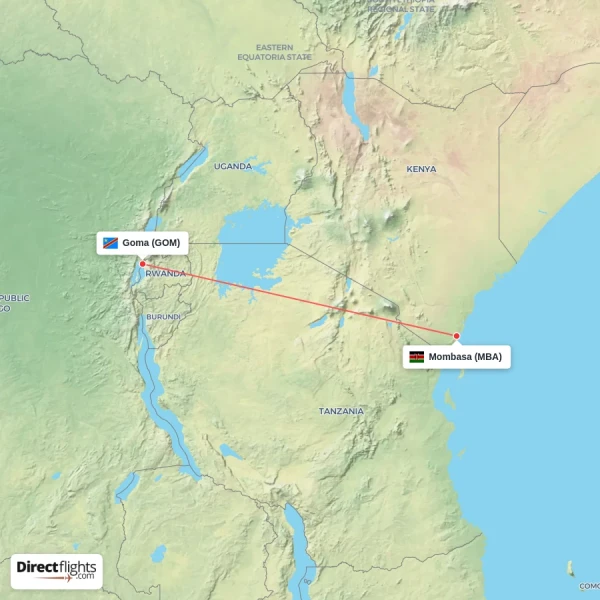 Mombasa - Goma direct flight map