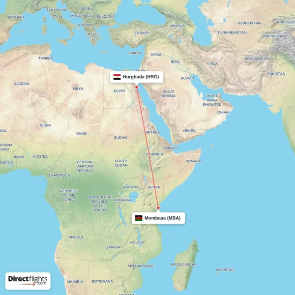 Mombasa - Hurghada direct flight map