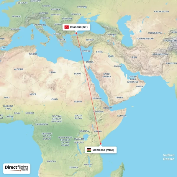 Mombasa - Istanbul direct flight map