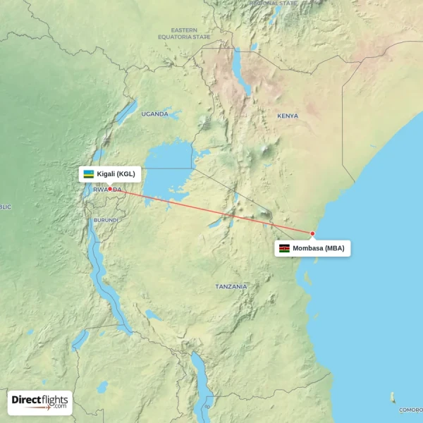 Mombasa - Kigali direct flight map