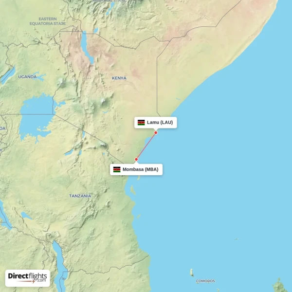 Mombasa - Lamu direct flight map