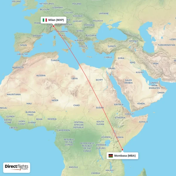 Mombasa - Milan direct flight map