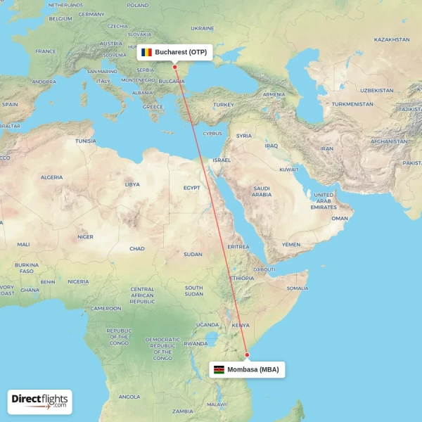 Mombasa - Bucharest direct flight map