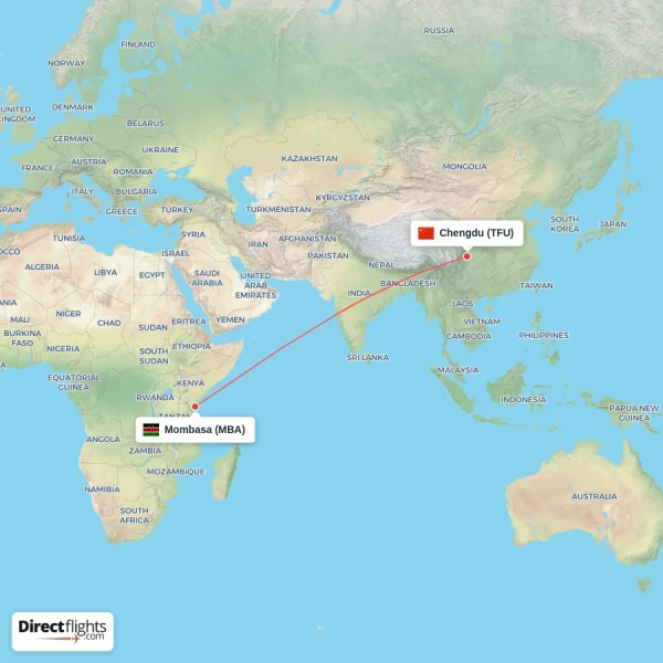 Mombasa - Chengdu direct flight map