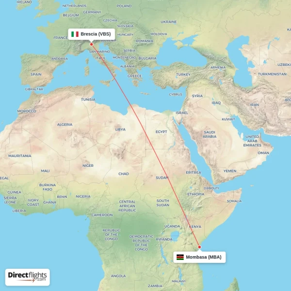 Mombasa - Brescia direct flight map