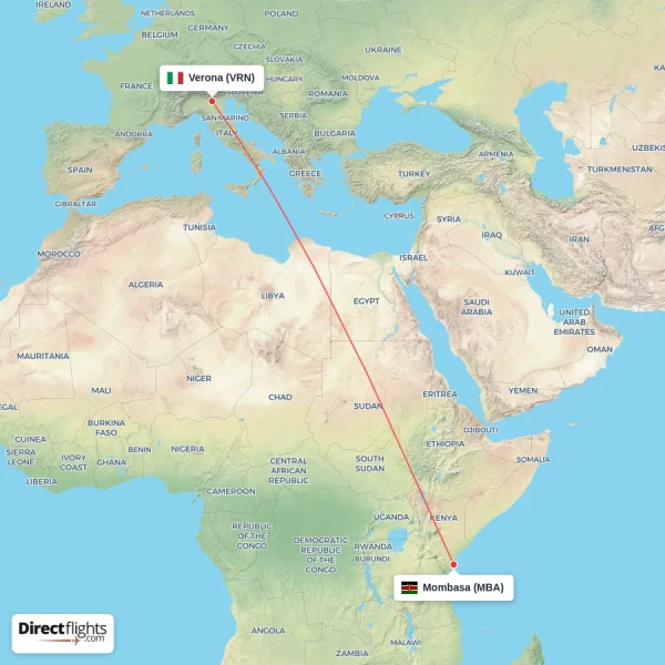 Mombasa - Verona direct flight map