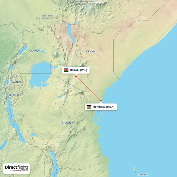 Mombasa - Nairobi direct flight map