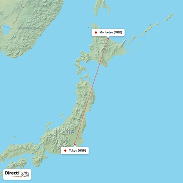 Monbetsu - Tokyo direct flight map