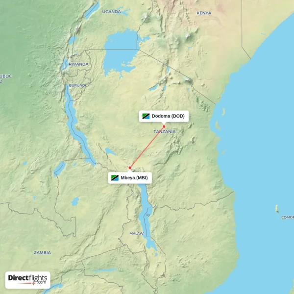 Mbeya - Dodoma direct flight map