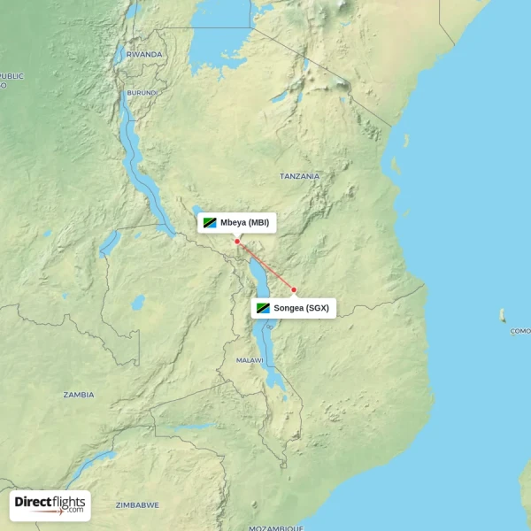 Mbeya - Songea direct flight map