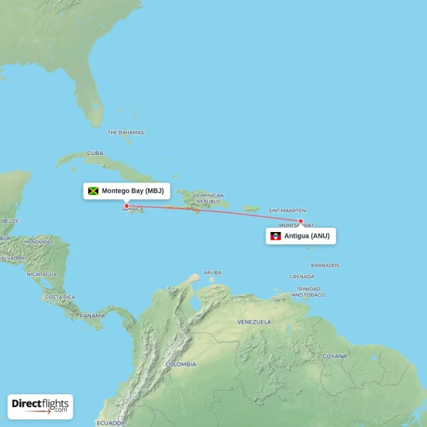 Montego Bay - Antigua direct flight map