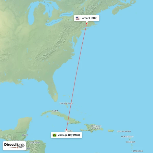 Montego Bay - Hartford direct flight map