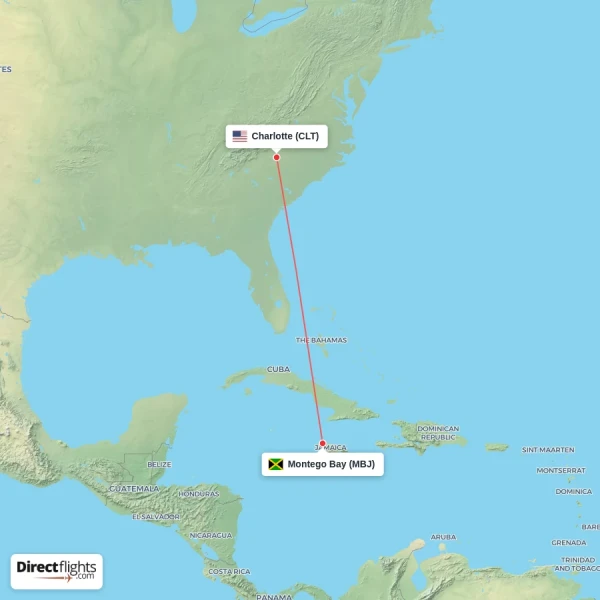 Montego Bay - Charlotte direct flight map