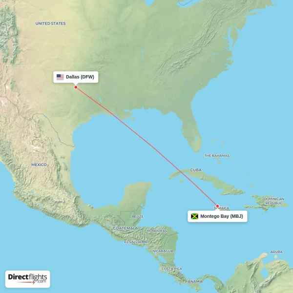 Montego Bay - Dallas direct flight map