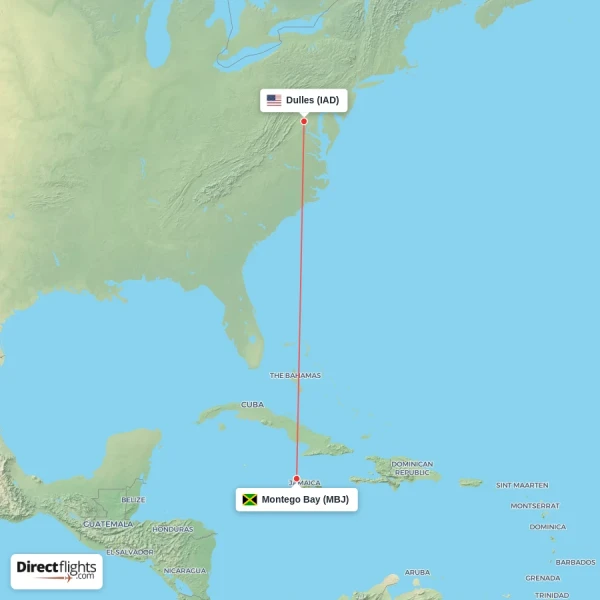Montego Bay - Dulles direct flight map