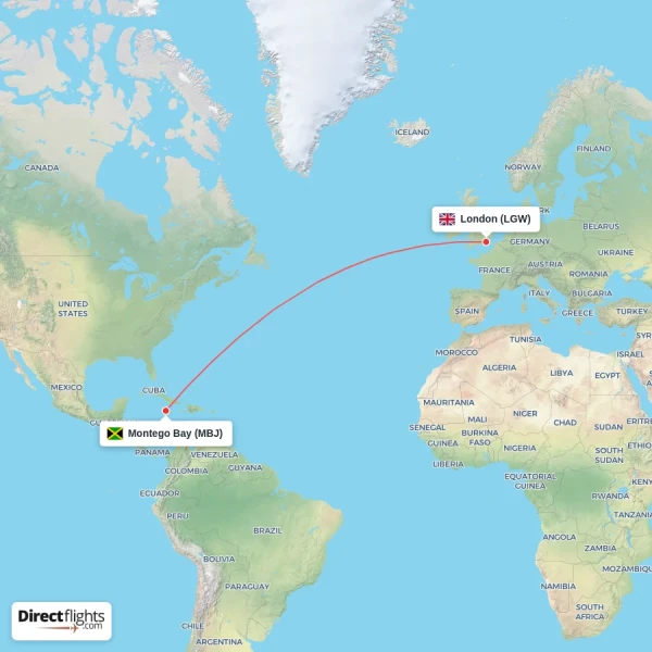 Montego Bay - London direct flight map