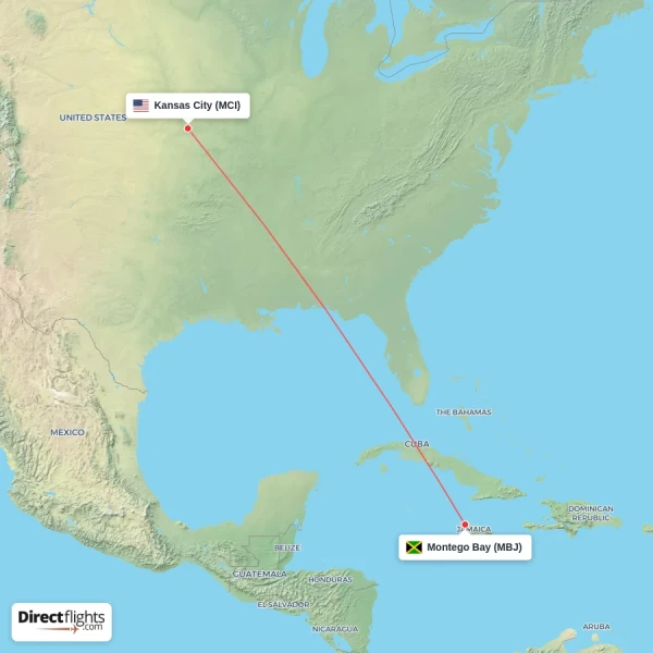 Montego Bay - Kansas City direct flight map
