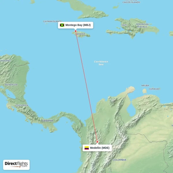 Montego Bay - Medellin direct flight map