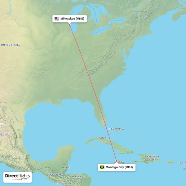 Montego Bay - Milwaukee direct flight map