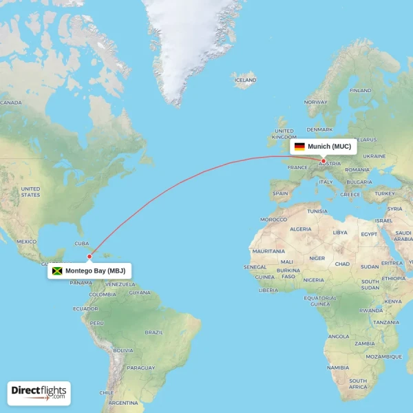Montego Bay - Munich direct flight map