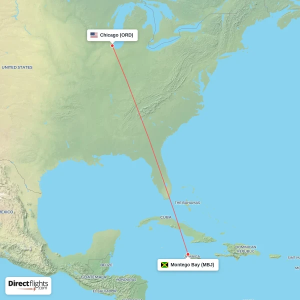 Montego Bay - Chicago direct flight map
