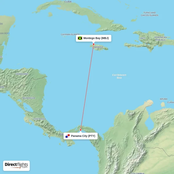 Montego Bay - Panama City direct flight map