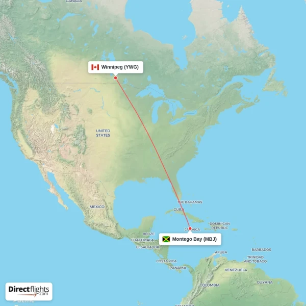 Montego Bay - Winnipeg direct flight map