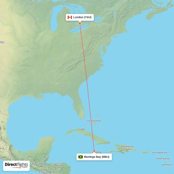 Montego Bay - London direct flight map