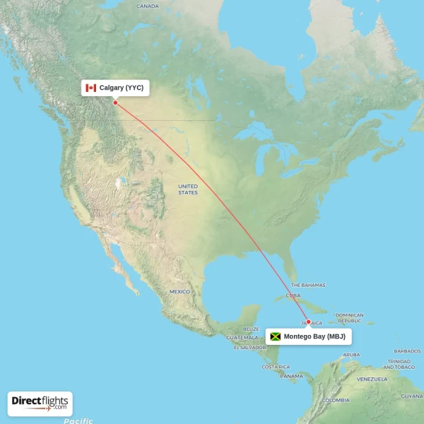Montego Bay - Calgary direct flight map
