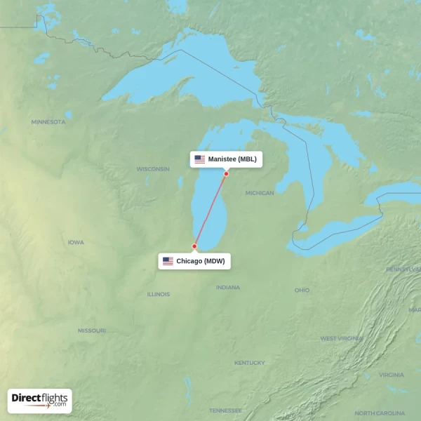 Manistee - Chicago direct flight map