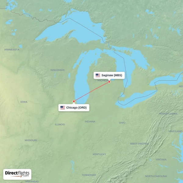 Saginaw - Chicago direct flight map
