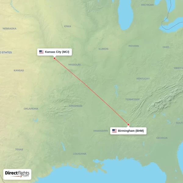 Kansas City - Birmingham direct flight map