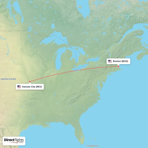 Kansas City - Boston direct flight map