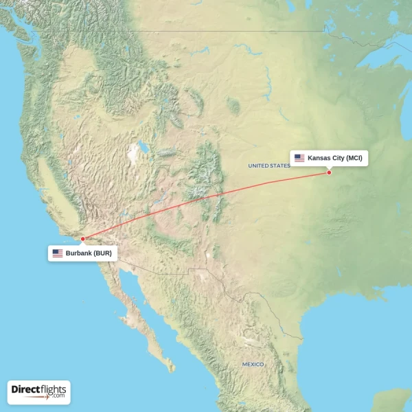 Kansas City - Burbank direct flight map