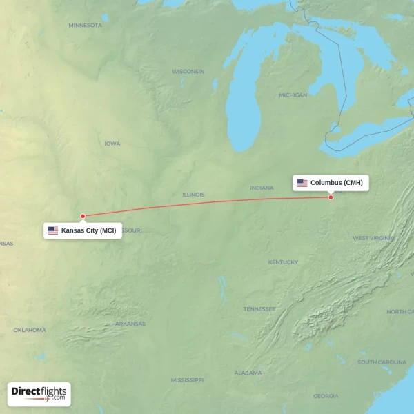 Kansas City - Columbus direct flight map