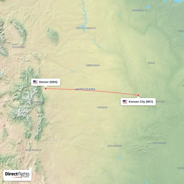 Kansas City - Denver direct flight map