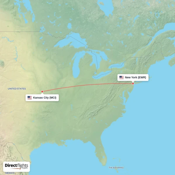 Kansas City - New York direct flight map