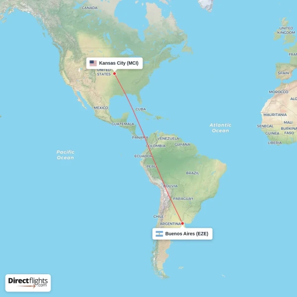 Kansas City - Buenos Aires direct flight map