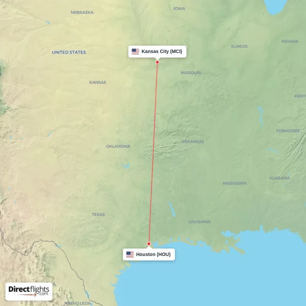 Kansas City - Houston direct flight map