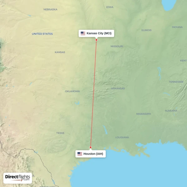 Kansas City - Houston direct flight map