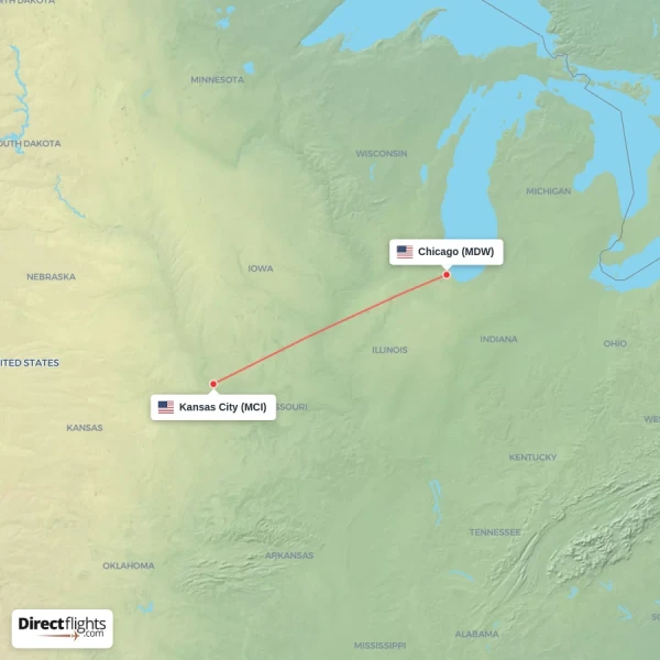 Kansas City - Chicago direct flight map