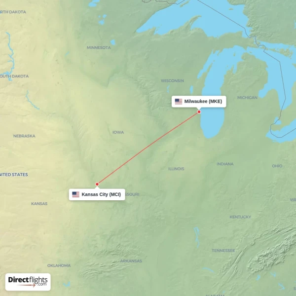 Kansas City - Milwaukee direct flight map
