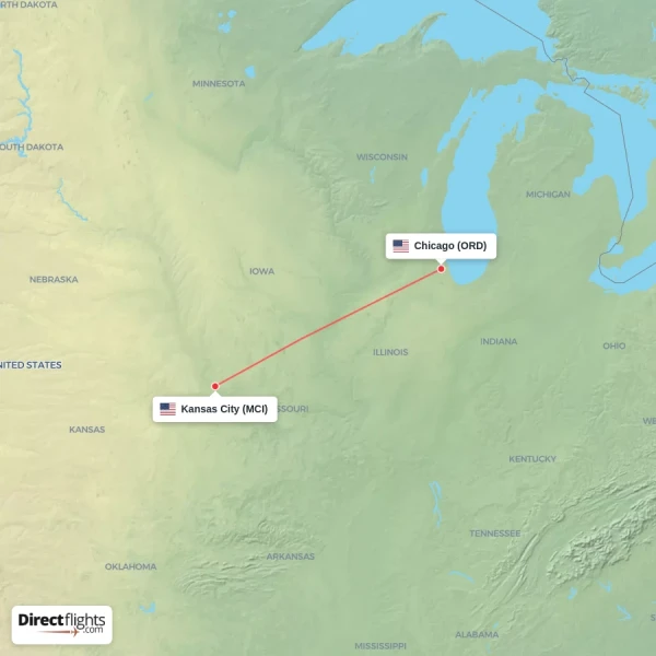 Kansas City - Chicago direct flight map