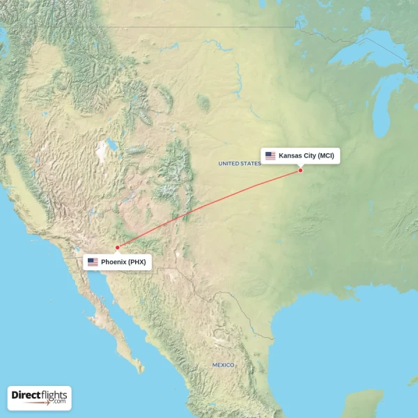 Kansas City - Phoenix direct flight map
