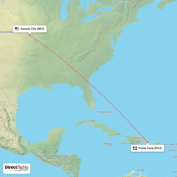 Kansas City - Punta Cana direct flight map