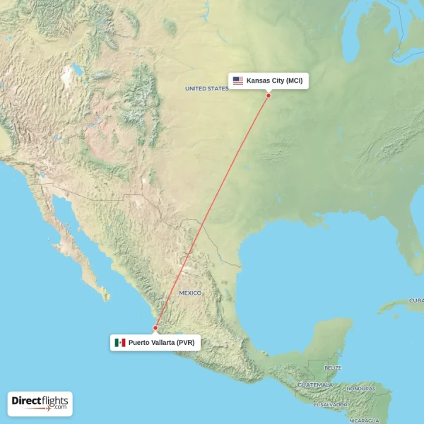 Kansas City - Puerto Vallarta direct flight map